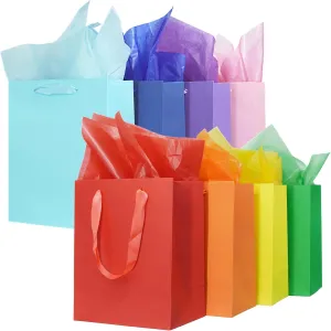 MOXARYSU 8 Pcs Medium Gift Bags With Handles: 8x5x10 Rainbow Colour Gift Bags Kraft Paper Party Favor Bags With 16 Tissues For Party,Birthday,Baby Shower,Wedding8 Colors