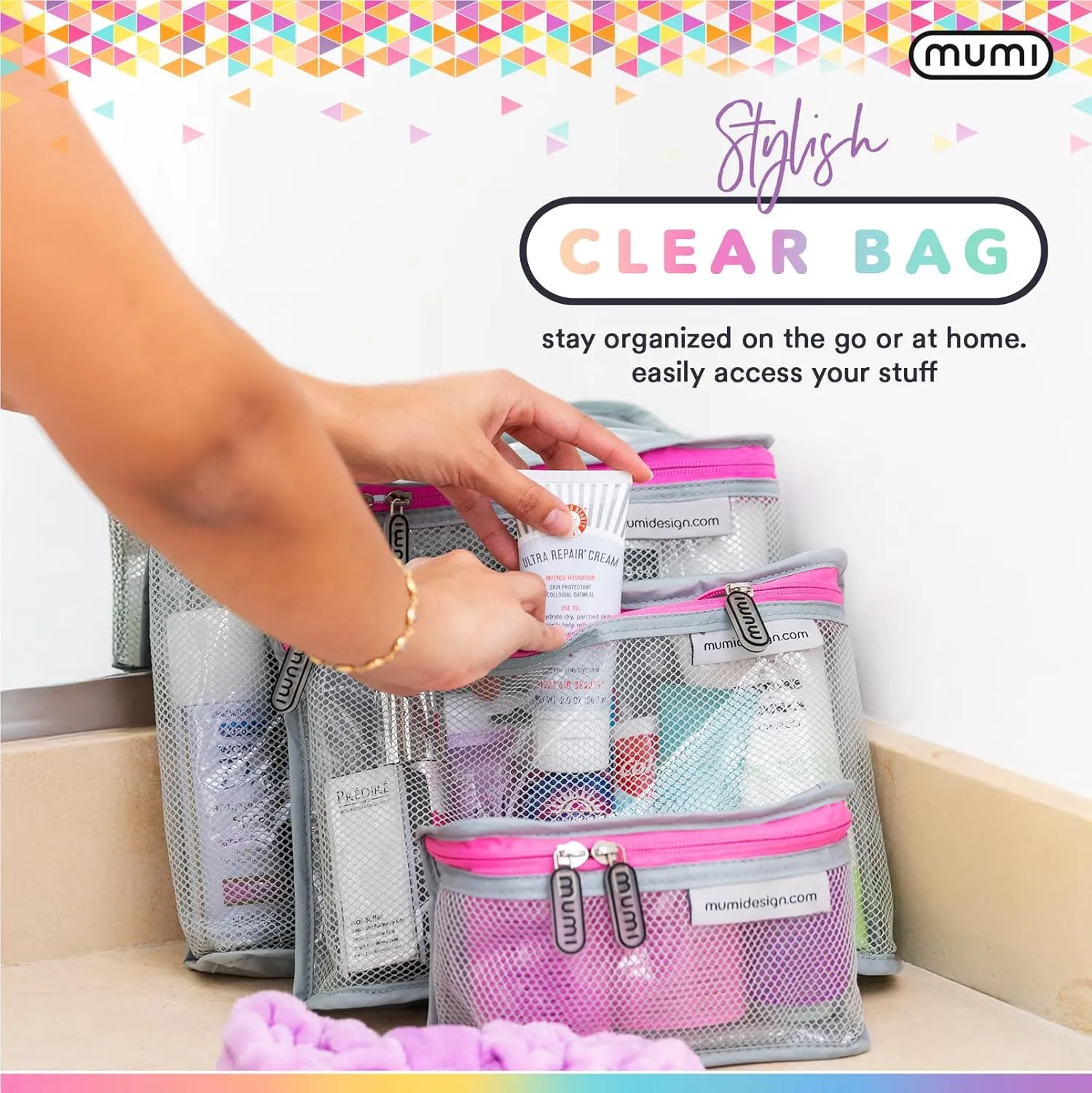 MUMI Travel Toiletry Bag Set of 3  Clear TSA Approved Toiletry Bags for Women  Reusable Water-Resistant Makeup Organizer Pouches for Skincare, Cosmetics, Travel Accessories, Airport Packing - Blue