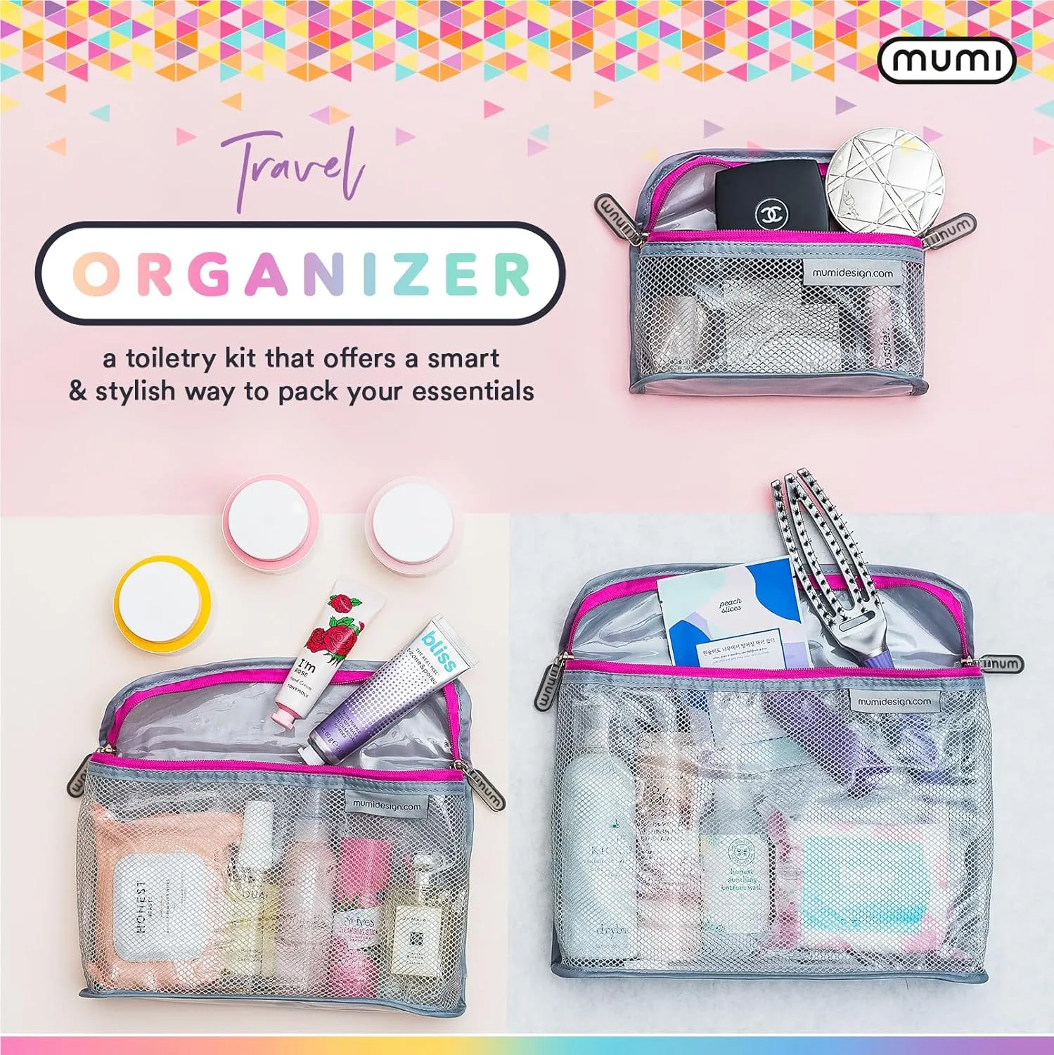 MUMI Travel Toiletry Bag Set of 3  Clear TSA Approved Toiletry Bags for Women  Reusable Water-Resistant Makeup Organizer Pouches for Skincare, Cosmetics, Travel Accessories, Airport Packing - Blue