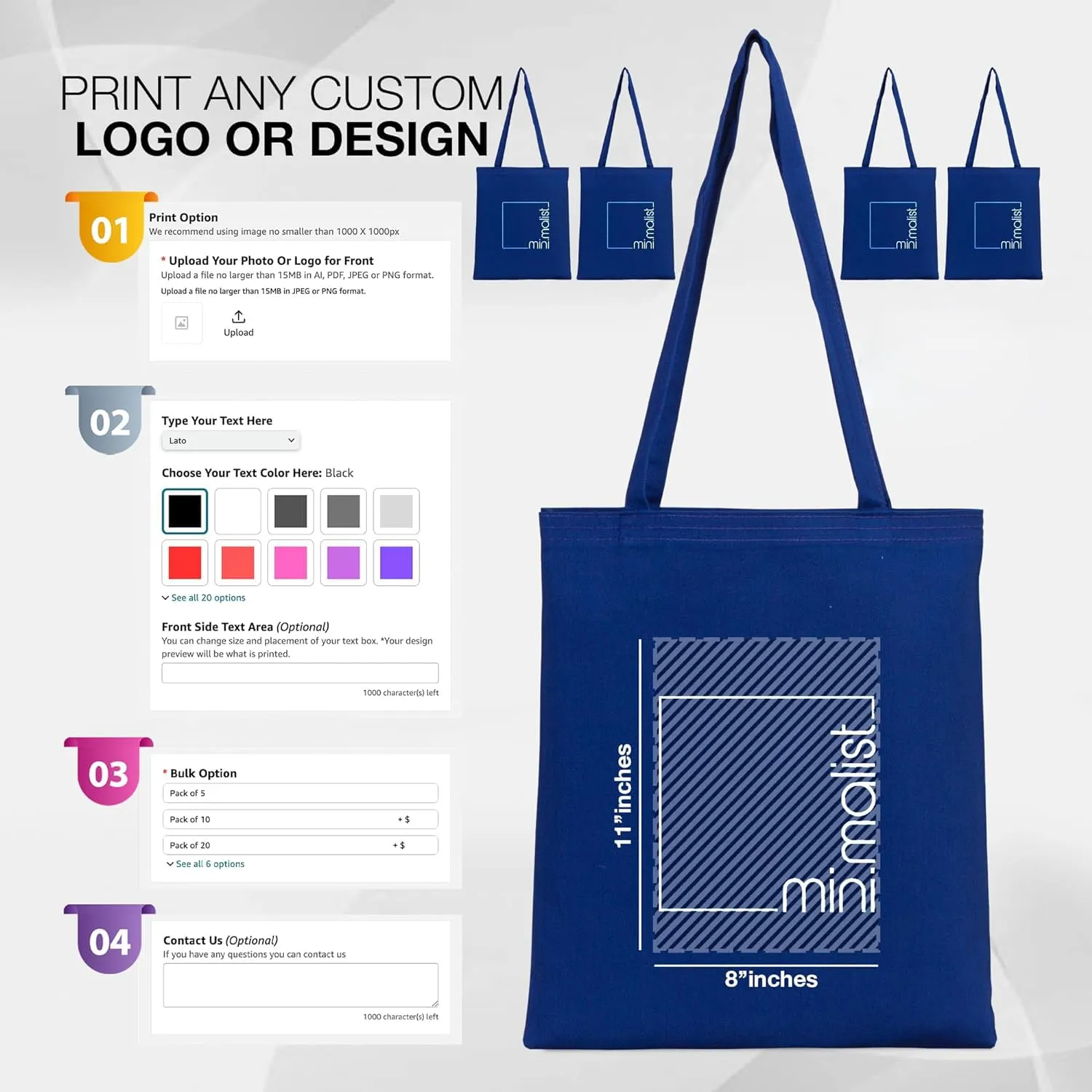 Navy Blue Tote Bag - Customizable Canvas Tote Bag for Special Occasions and Everyday Use - 14x16 in, Personalization Cotton Bags, Reusable Grocery Bags with Logo