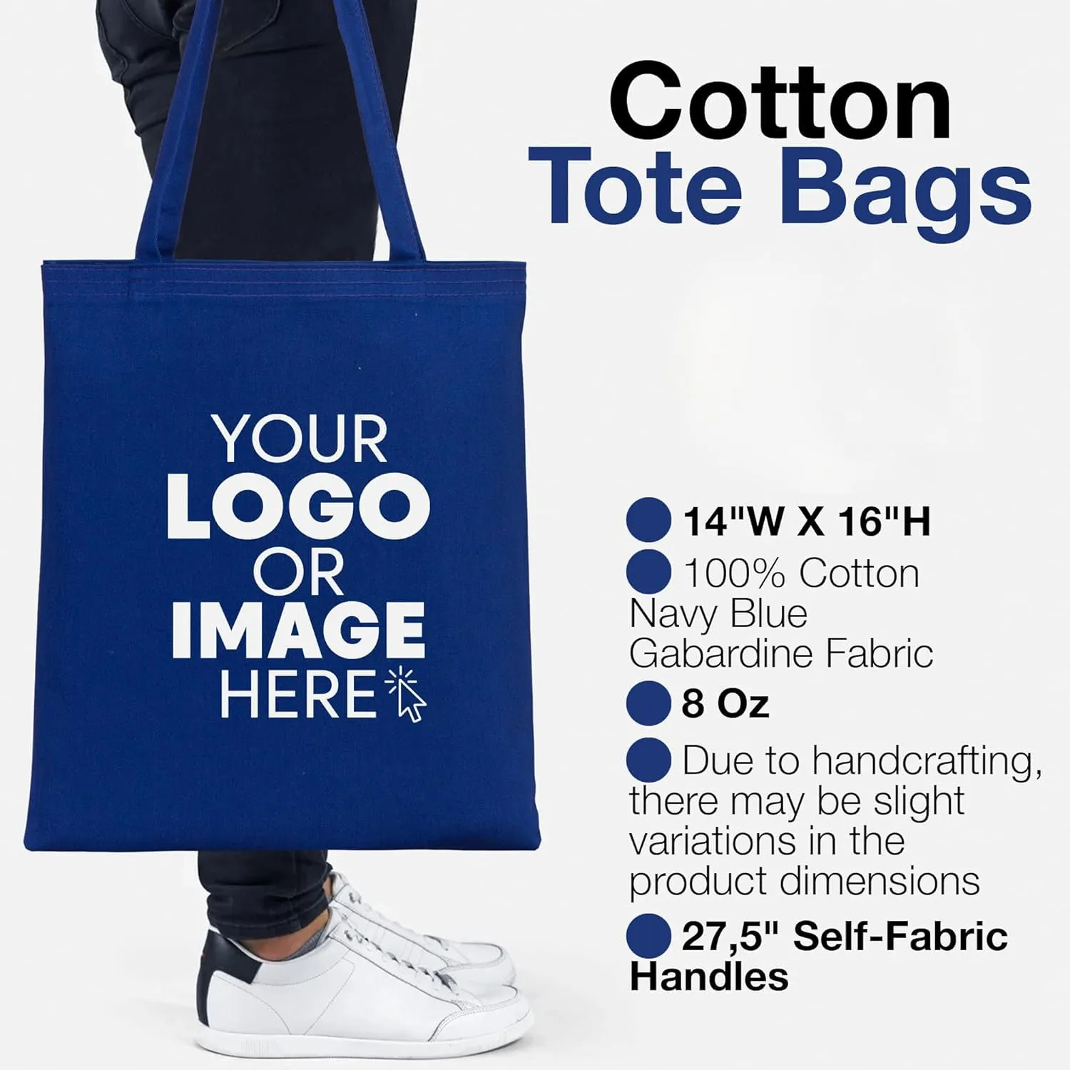 Navy Blue Tote Bag - Customizable Canvas Tote Bag for Special Occasions and Everyday Use - 14x16 in, Personalization Cotton Bags, Reusable Grocery Bags with Logo