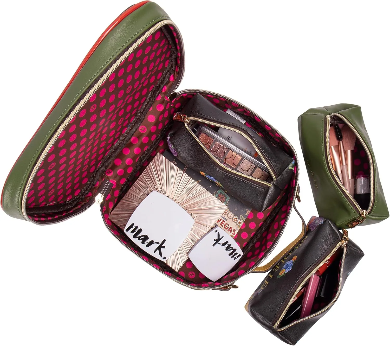 Nicole Lee Travel Handbag Crossbody Set with 3 Fashion Print Makeup Pouches, Women's Cosmetic Toiletry Organizer (Be My Valentine)