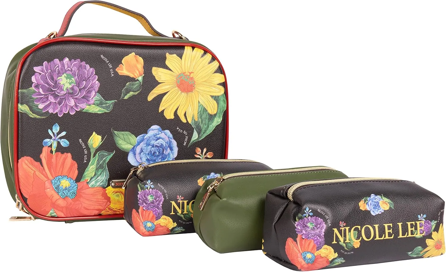Nicole Lee Travel Handbag Crossbody Set with 3 Fashion Print Makeup Pouches, Women's Cosmetic Toiletry Organizer (Be My Valentine)