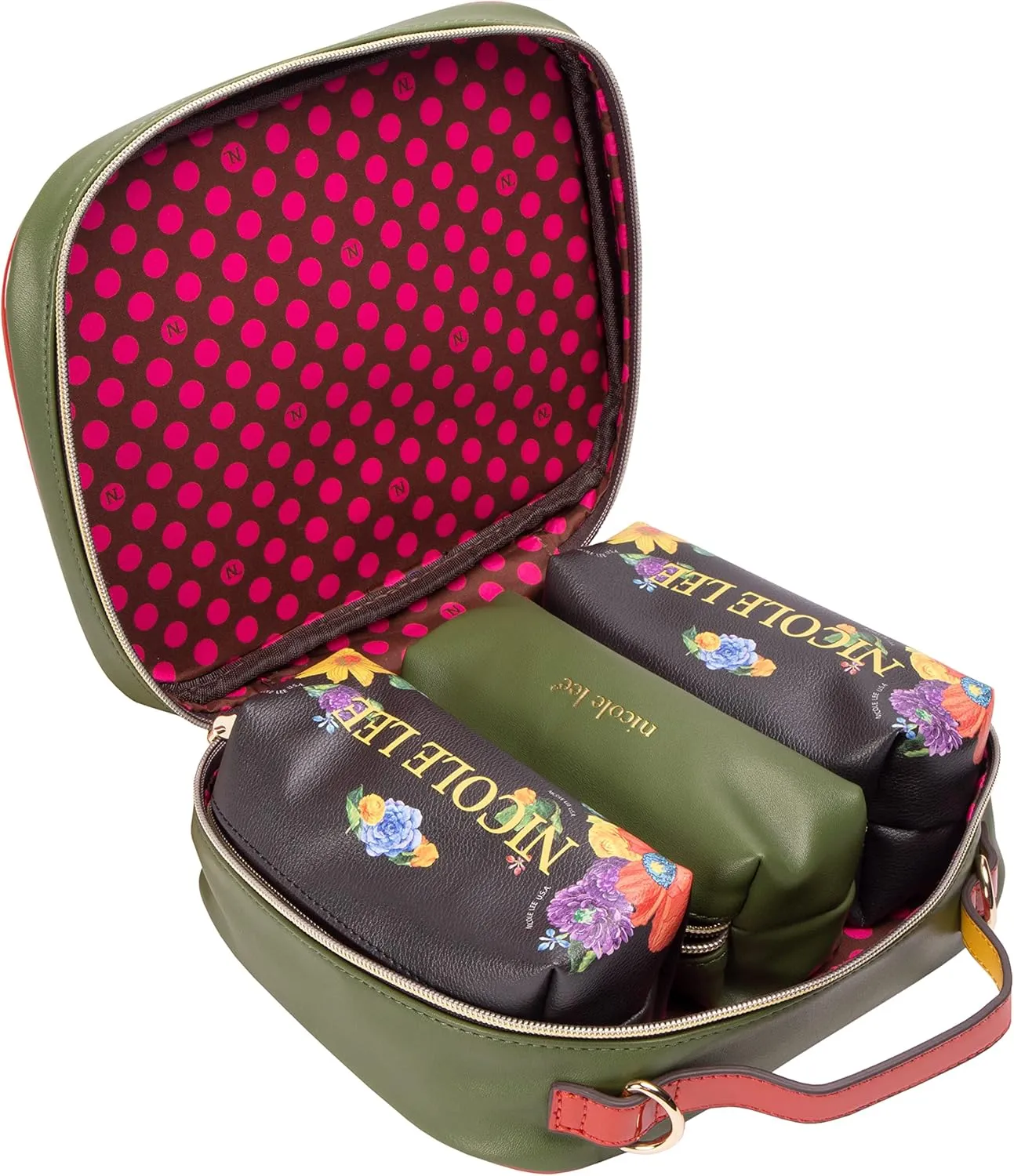 Nicole Lee Travel Handbag Crossbody Set with 3 Fashion Print Makeup Pouches, Women's Cosmetic Toiletry Organizer (Be My Valentine)