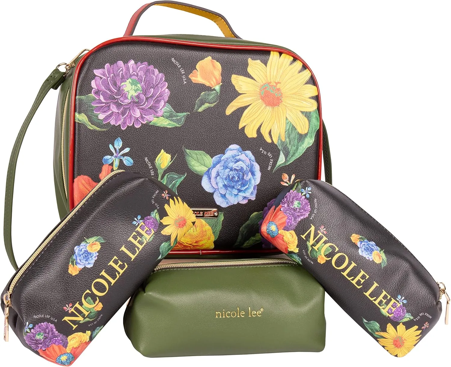Nicole Lee Travel Handbag Crossbody Set with 3 Fashion Print Makeup Pouches, Women's Cosmetic Toiletry Organizer (Be My Valentine)