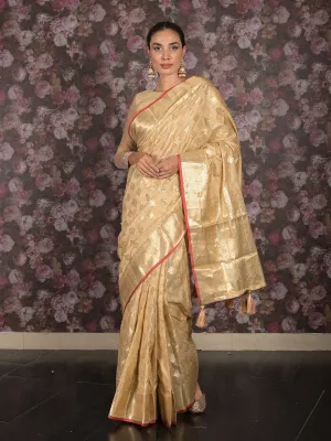 Odette Beige Silk Blend Woven Saree with Unstitched Blouse for Women