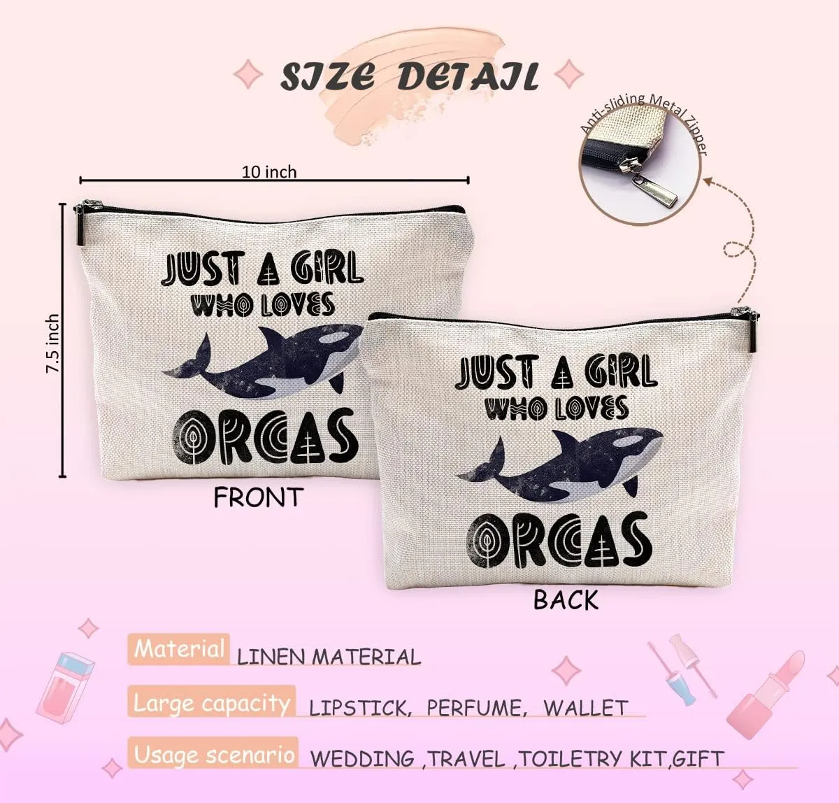 Orca gifts Makeup Bag, Orca Whale Gifts, Just a Girl Who Loves Orcas Small Makeup Cosmetic Bag for Purse, Whale Gifts for Women, Womens Makeup Bag, Cosmetic Bags for Women