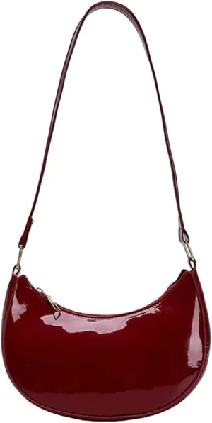 Patent Leather Evening Purse Shiny Clutch MINI Hobos Armpit Shoulder Bag (Wine Red)