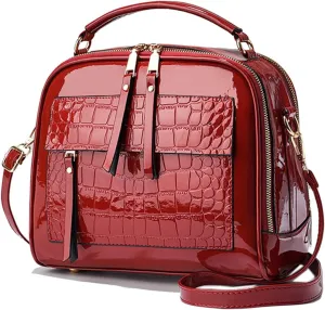 Patent Leather Handbag Multi Pockets Top-handle Satchels Stone Pattern Shoulder Bags All Around Zipper Crossbody Purse