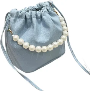 Pearl Evening Bag Pearl Chain Handbag Bucket Shoulder Bag for Lady for Party Prom Wedding(Blue)