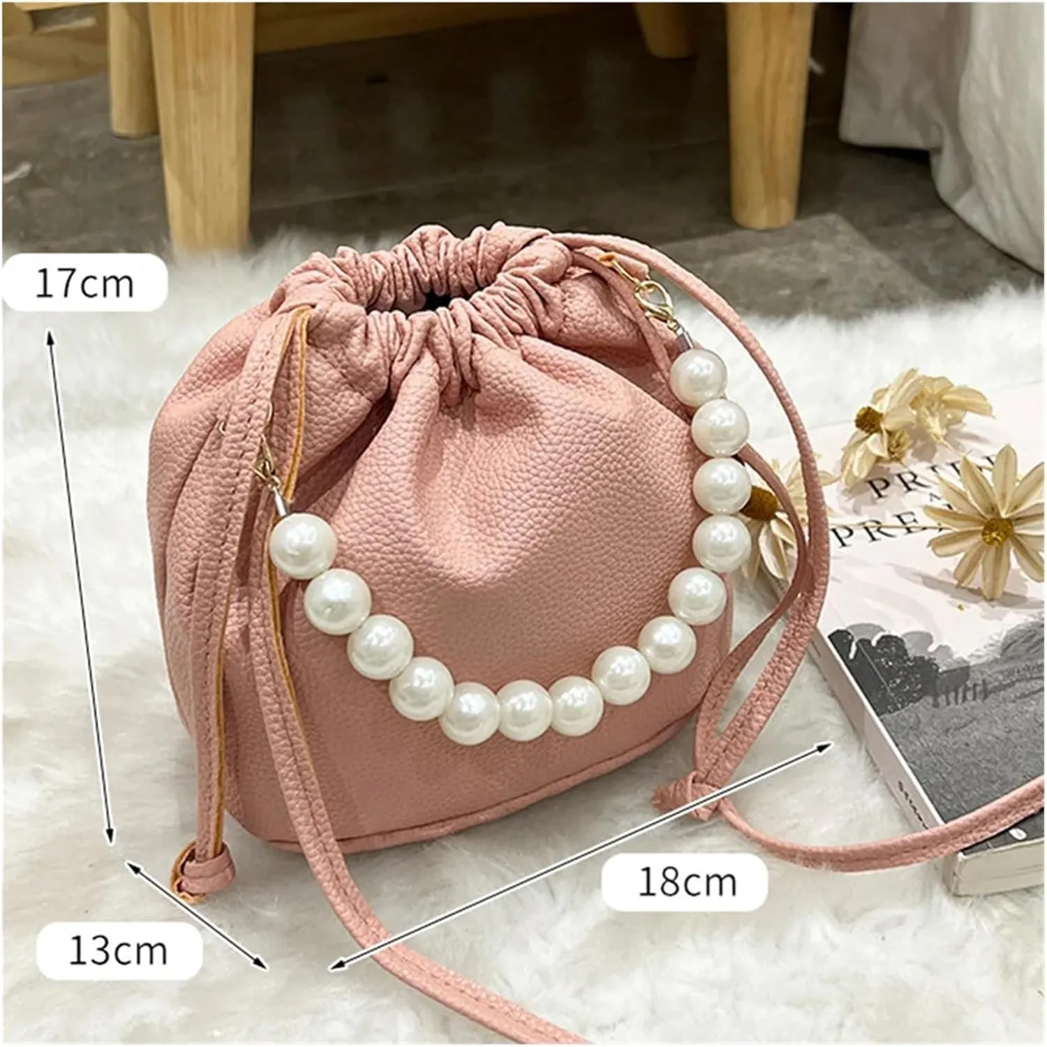 Pearl Evening Bag Pearl Chain Handbag Bucket Shoulder Bag for Lady for Party Prom Wedding(Blue)