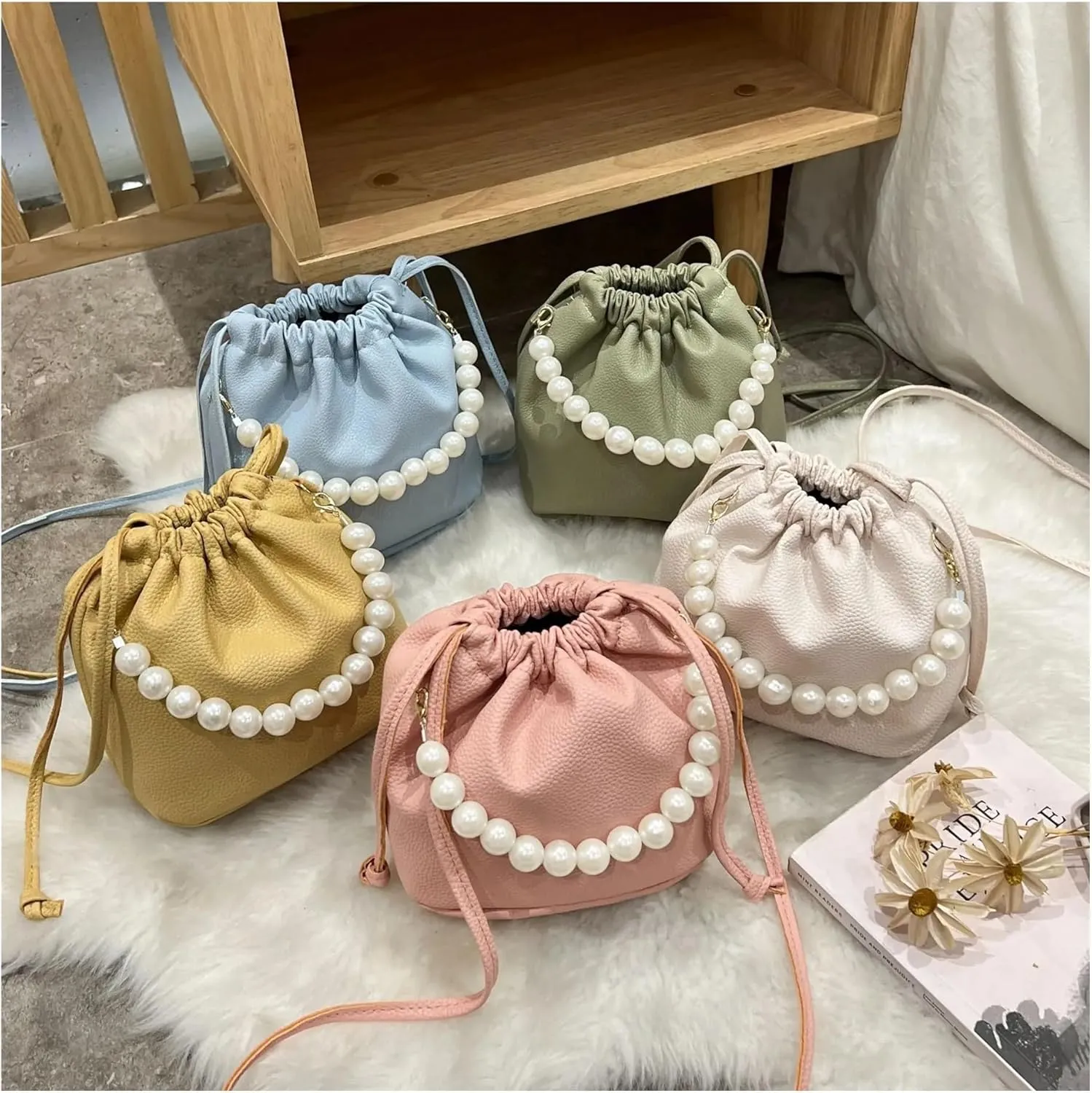 Pearl Evening Bag Pearl Chain Handbag Bucket Shoulder Bag for Lady for Party Prom Wedding(Blue)