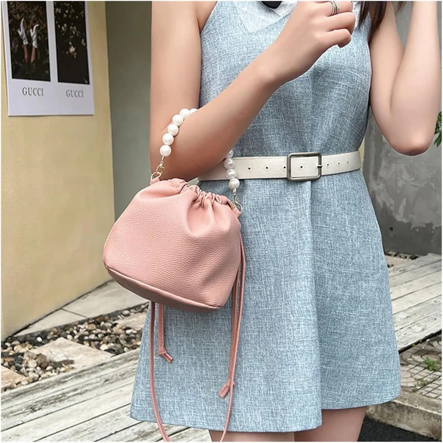 Pearl Evening Bag Pearl Chain Handbag Bucket Shoulder Bag for Lady for Party Prom Wedding(Blue)