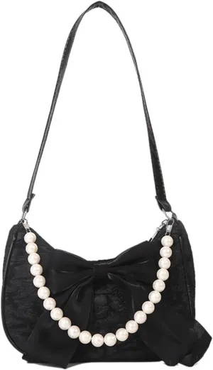 Pearl Evening Bag Pearl Handbag Canvas Crossbody Bags for Women Trend Shoulder Bag for Party Prom Wedding(Black)