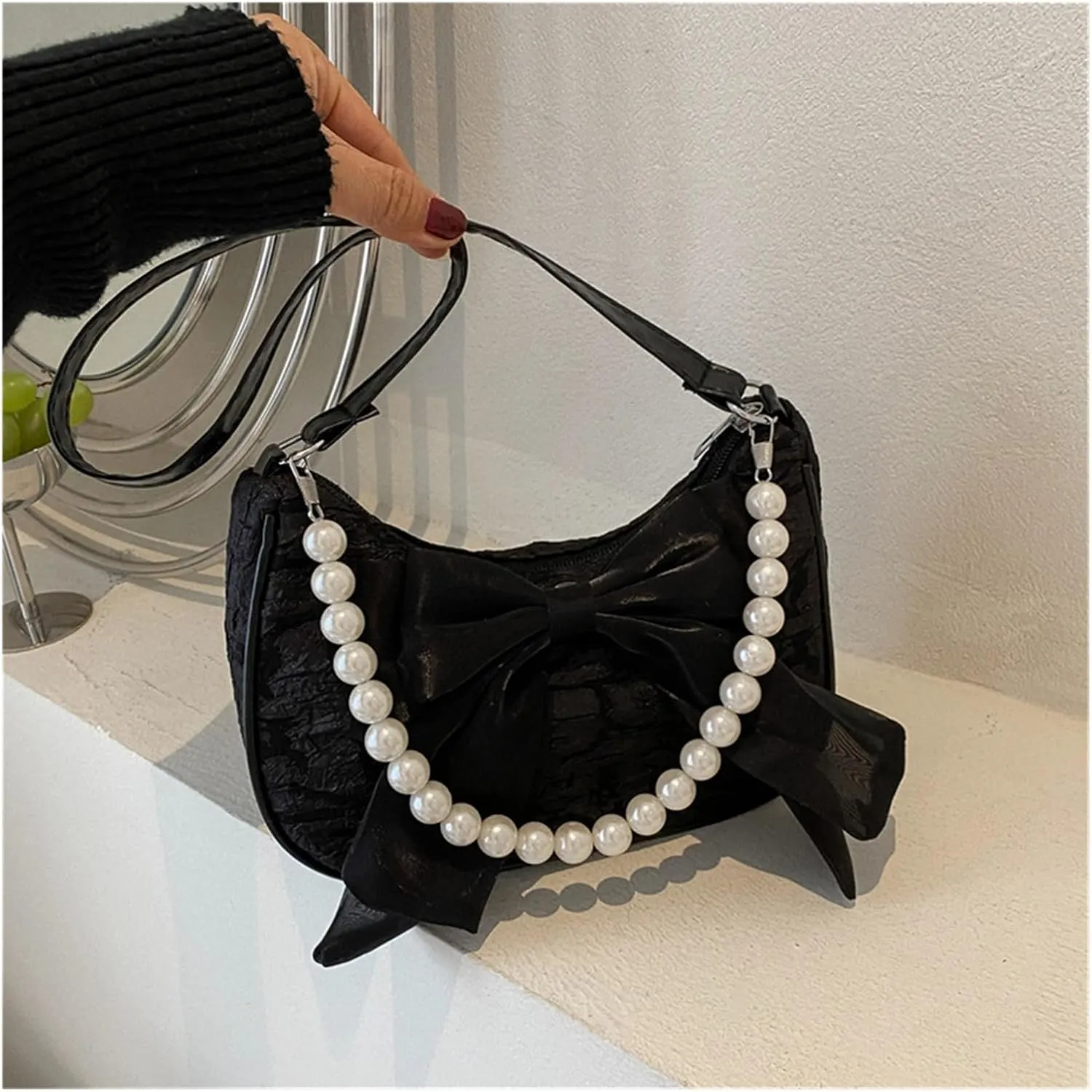 Pearl Evening Bag Pearl Handbag Canvas Crossbody Bags for Women Trend Shoulder Bag for Party Prom Wedding(Black)