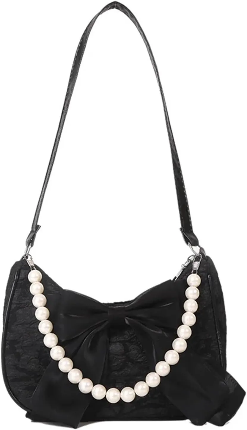 Pearl Evening Bag Pearl Handbag Canvas Crossbody Bags for Women Trend Shoulder Bag for Party Prom Wedding(Black)