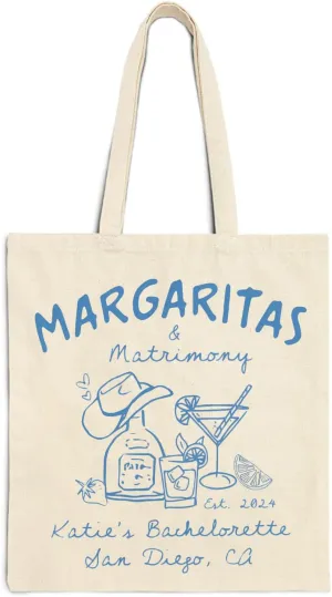 Personalized Margaritas and Matromony Tote Bags, Custom Gift Bags For Bridesmaids, Bachelorette Canvas Tote Bag, Reusable Gift Bag for Bachelorette Party, Bach Party Beach Bag