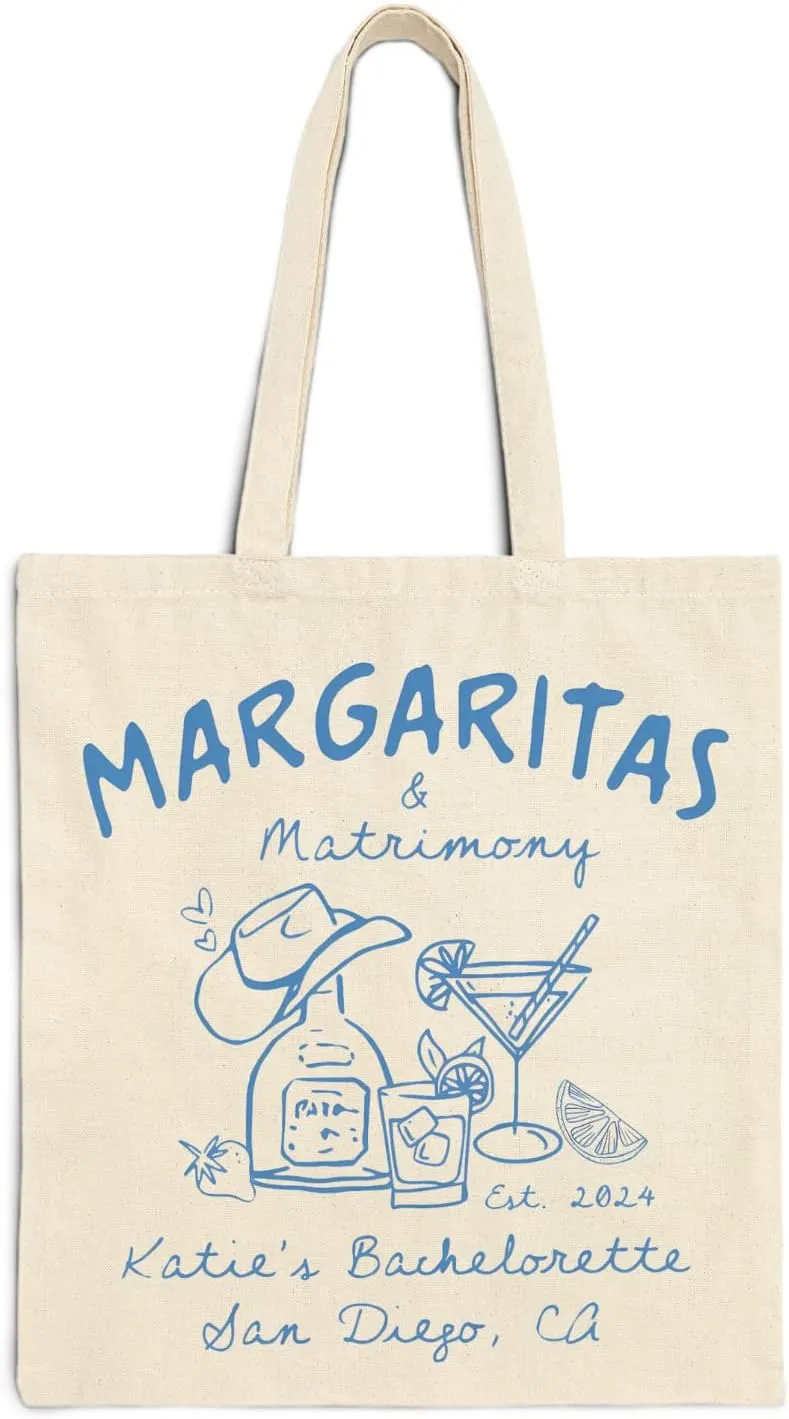 Personalized Margaritas and Matromony Tote Bags, Custom Gift Bags For Bridesmaids, Bachelorette Canvas Tote Bag, Reusable Gift Bag for Bachelorette Party, Bach Party Beach Bag