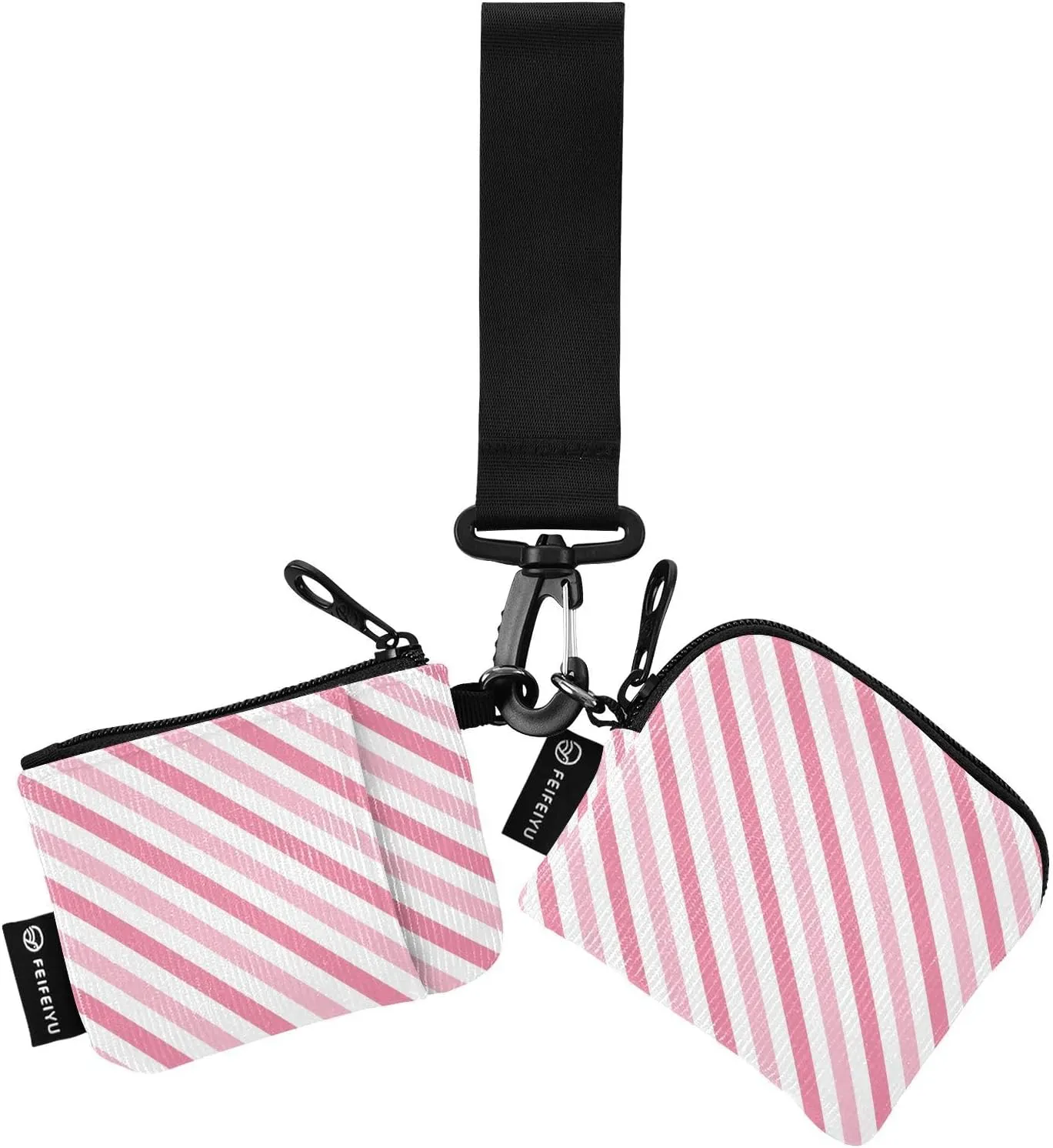 Pink Striped Pattern Small Wallet for Women Portable Wristlet Keychain Coin Purse with 2 Zipper Pouches