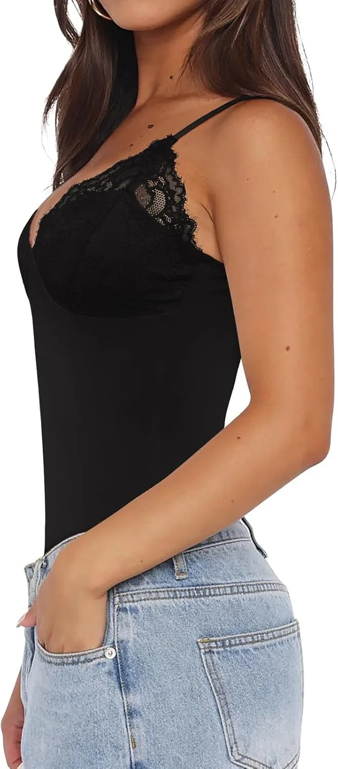 PINKMSTYLE Women 2025 Sexy Lace Cami Bodysuits Backless Non See Through Slim Fit Summer Going Out Tops