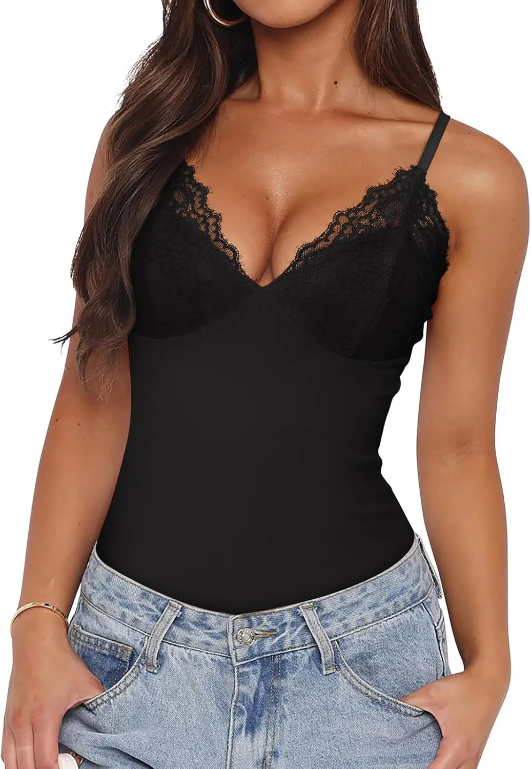PINKMSTYLE Women 2025 Sexy Lace Cami Bodysuits Backless Non See Through Slim Fit Summer Going Out Tops