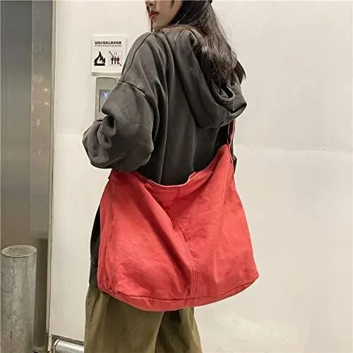 Pooyikoi Women's Retro Large Size Canvas Shoulder Bag Hobo Crossbody Large Capacity Handbag Casual Tote