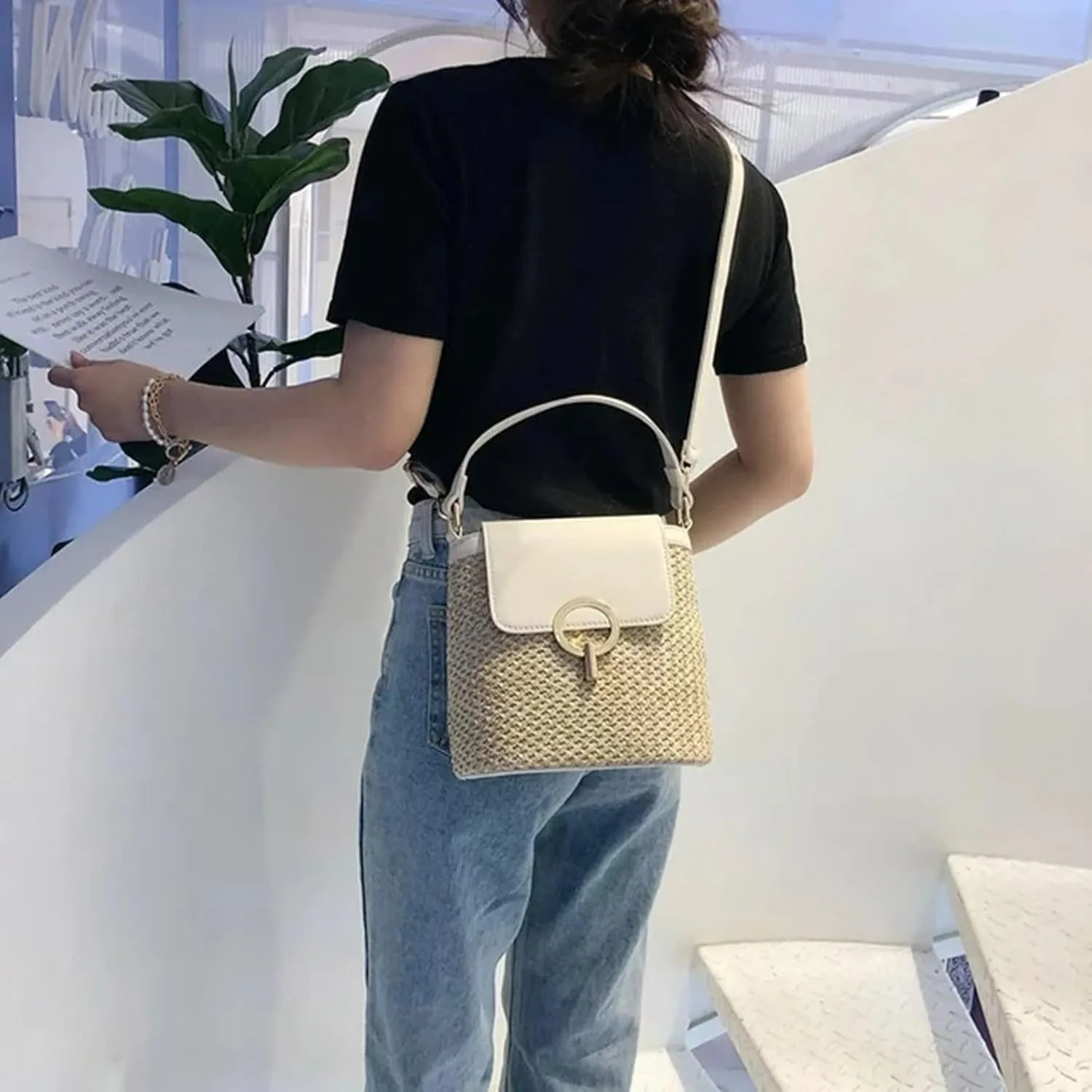 Pouch Purse Shoulder Handbag Straw Weave Women Ladies Bucket Handbags Summer Beach Shoulder Bags
