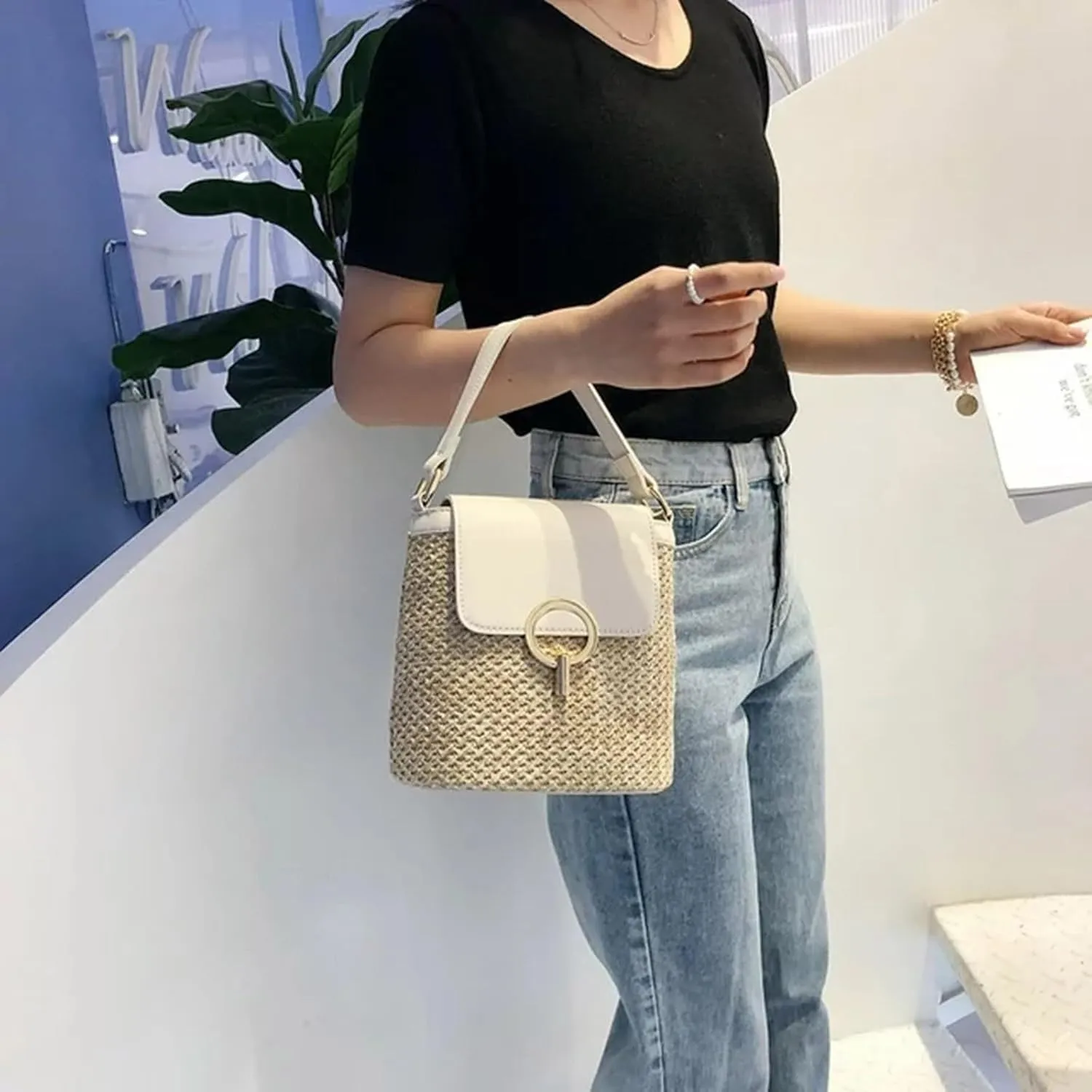 Pouch Purse Shoulder Handbag Straw Weave Women Ladies Bucket Handbags Summer Beach Shoulder Bags
