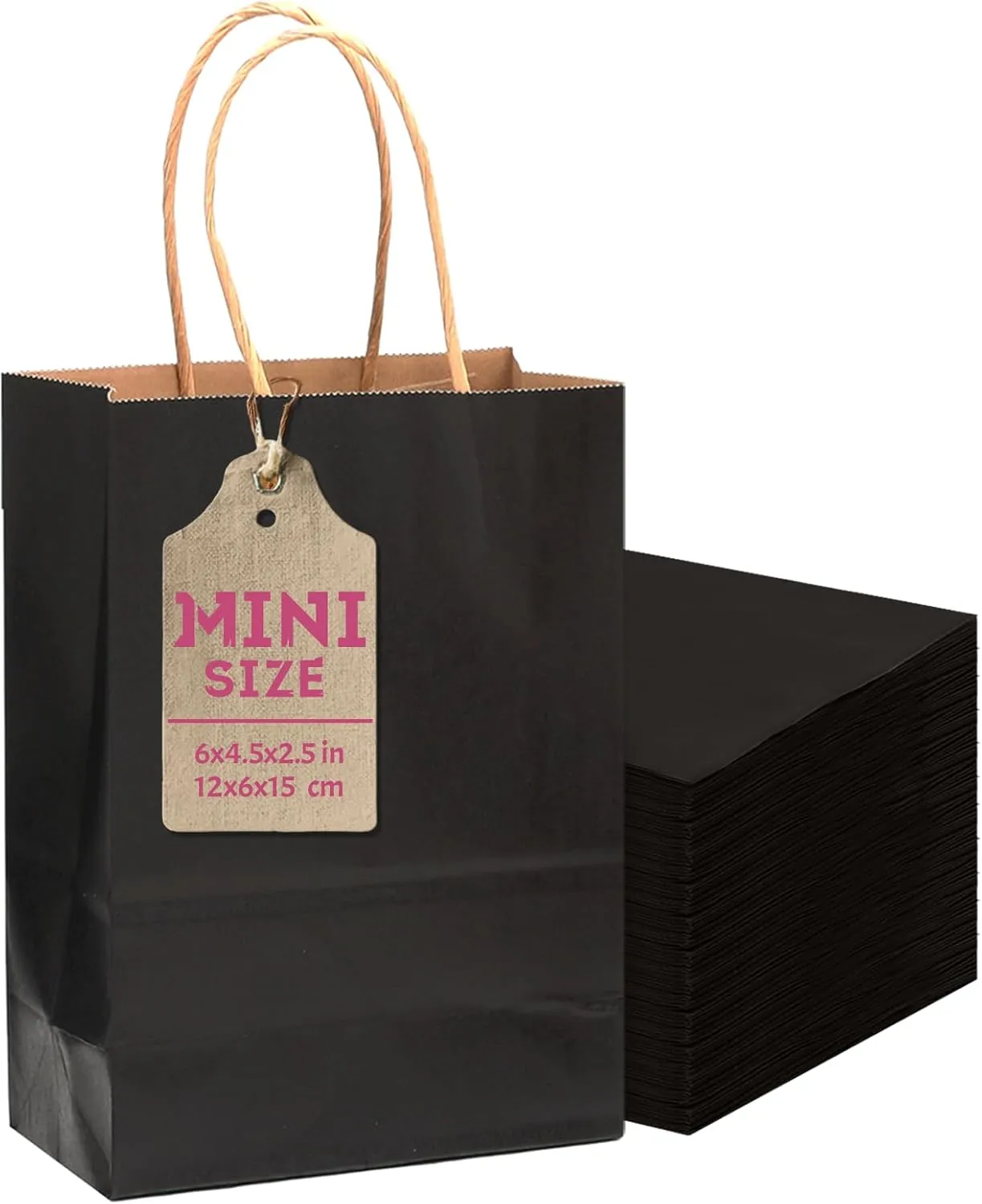 qiqee 25 Pcs Black Mini Paper Gift Bags 6"x4.5"x2.5" with Handles Small Brown Kraft Party Favor Treat Bags Multiple Uses (Mini size)