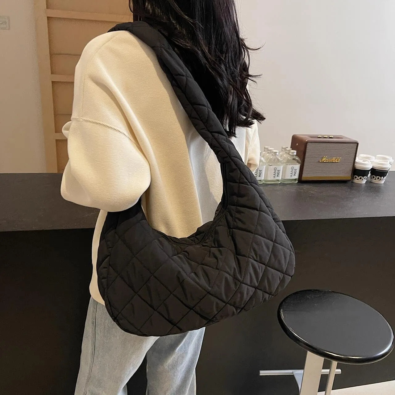Quilted Nylon Shoulder Crossbody Bag Women Puffy Hobos Handbags Padded Carryall Purse Lightweight