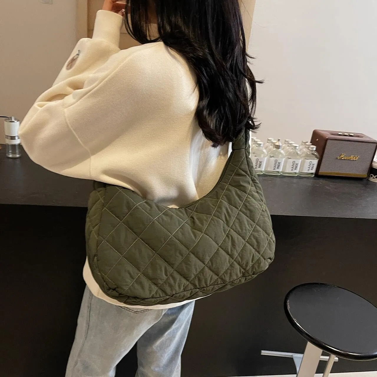 Quilted Nylon Shoulder Crossbody Bag Women Puffy Hobos Handbags Padded Carryall Purse Lightweight