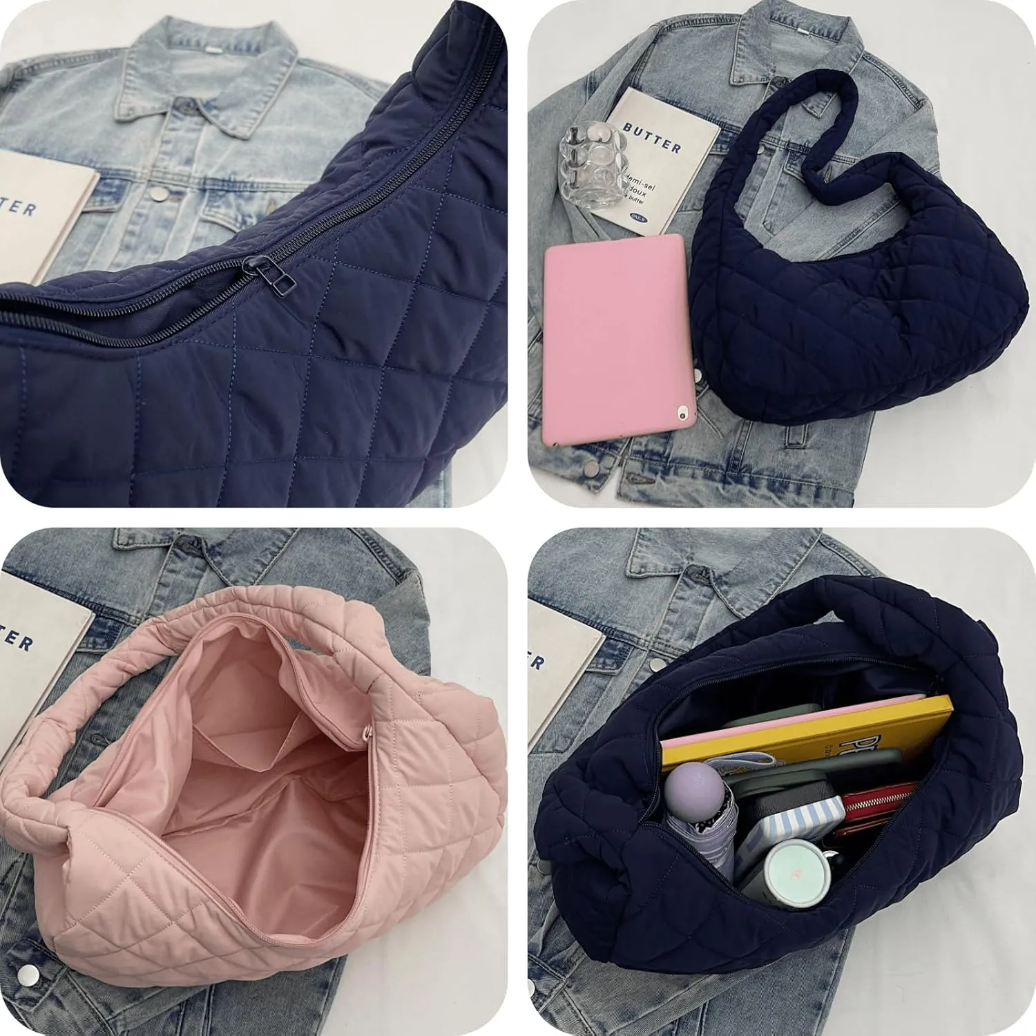 Quilted Nylon Shoulder Crossbody Bag Women Puffy Hobos Handbags Padded Carryall Purse Lightweight