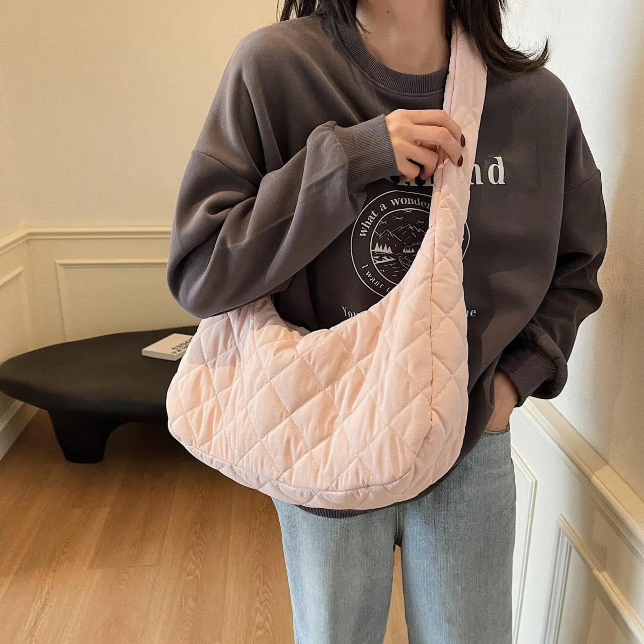 Quilted Nylon Shoulder Crossbody Bag Women Puffy Hobos Handbags Padded Carryall Purse Lightweight