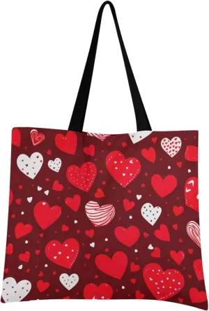 Red Heart Valentine's Day Tote Bag for Women Girl Canvas Shoulder Handbags Reusable Grocery Bags Large Purse with Inner Pocket 214a5027