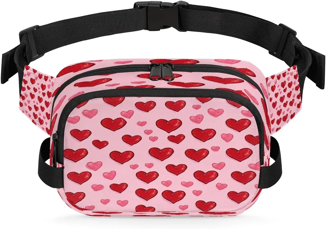 Red Pink Heart Fanny Packs for Women Men Waterproof Crossbody Belt Bag Casual Chest Bag Fashion Waist Bags with Adjustable Strap for Travel Running Hiking Fishing