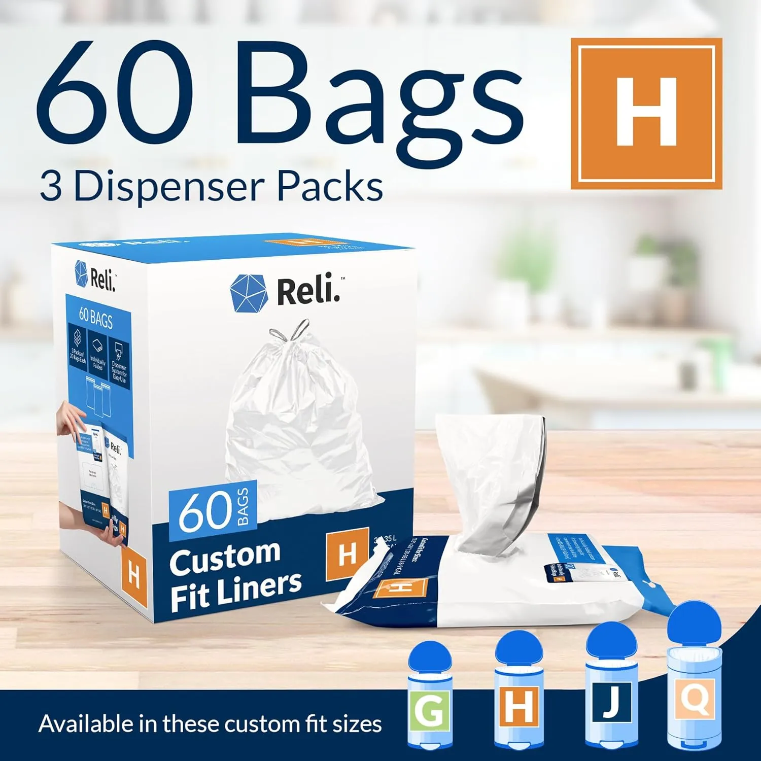Reli. Custom Fit H Trash Bags (60 Count) Fits Simplehuman Code H Bags 30-35 L, 8-9 Gal | Drawstring Trashbag | White 8 Gallon Trashbags Drawstring | 18.5x28" (3 Packs) 1.2 Mil