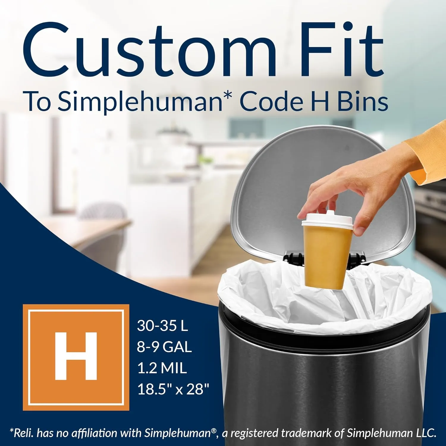Reli. Custom Fit H Trash Bags (60 Count) Fits Simplehuman Code H Bags 30-35 L, 8-9 Gal | Drawstring Trashbag | White 8 Gallon Trashbags Drawstring | 18.5x28" (3 Packs) 1.2 Mil