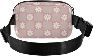 Retro Peach Checkered Daisy Fashionable Fanny Waist Pack for Men Women Small Bum Belt Bag with Adjustable Strap for Workout Running Hiking