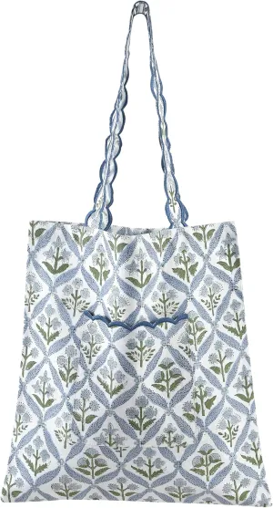 Ridhi Steel blue Floral Hand Block Print Canvas Grocery Bags Bulk 15X16 inch Reusable Shopping Bags Foldable for Groceries Vegetables Fruits Watertight Bulk Tote Bags Washable For Women Men