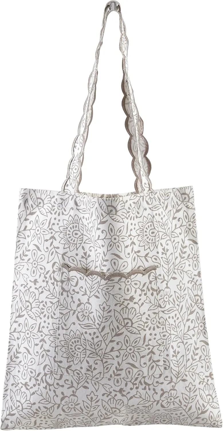 Ridhi Taupe Jal Floral Hand Block Print Canvas Grocery Bags Bulk 15X16 inch Reusable Shopping Bags Foldable for Groceries Vegetables Fruits Watertight Bulk Tote Bags Washable For Women Men