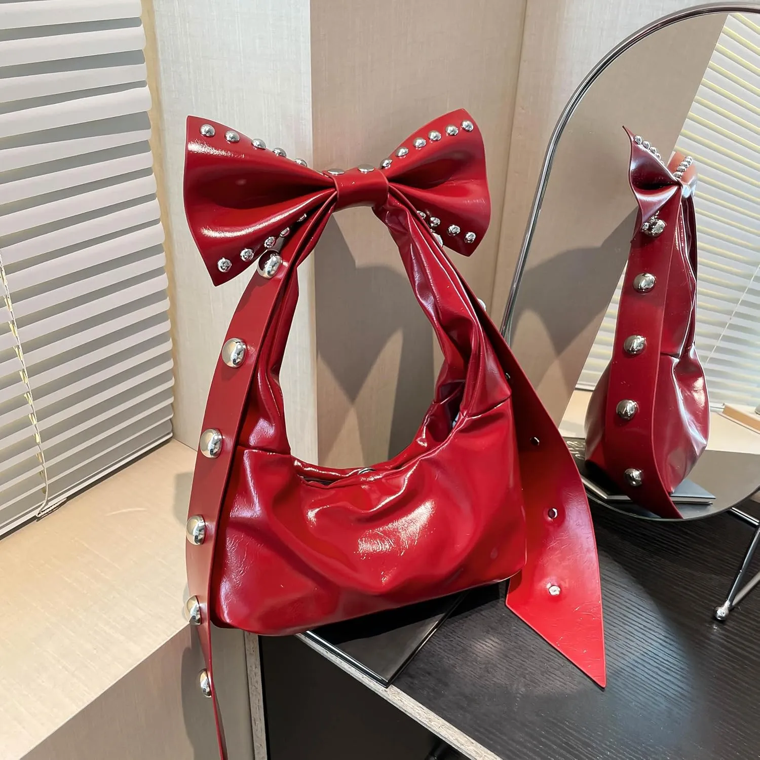 Rivets Bow Y2K Hobos Handbag and Purses for Women Trendy Shoulder Bag with Removable Bow