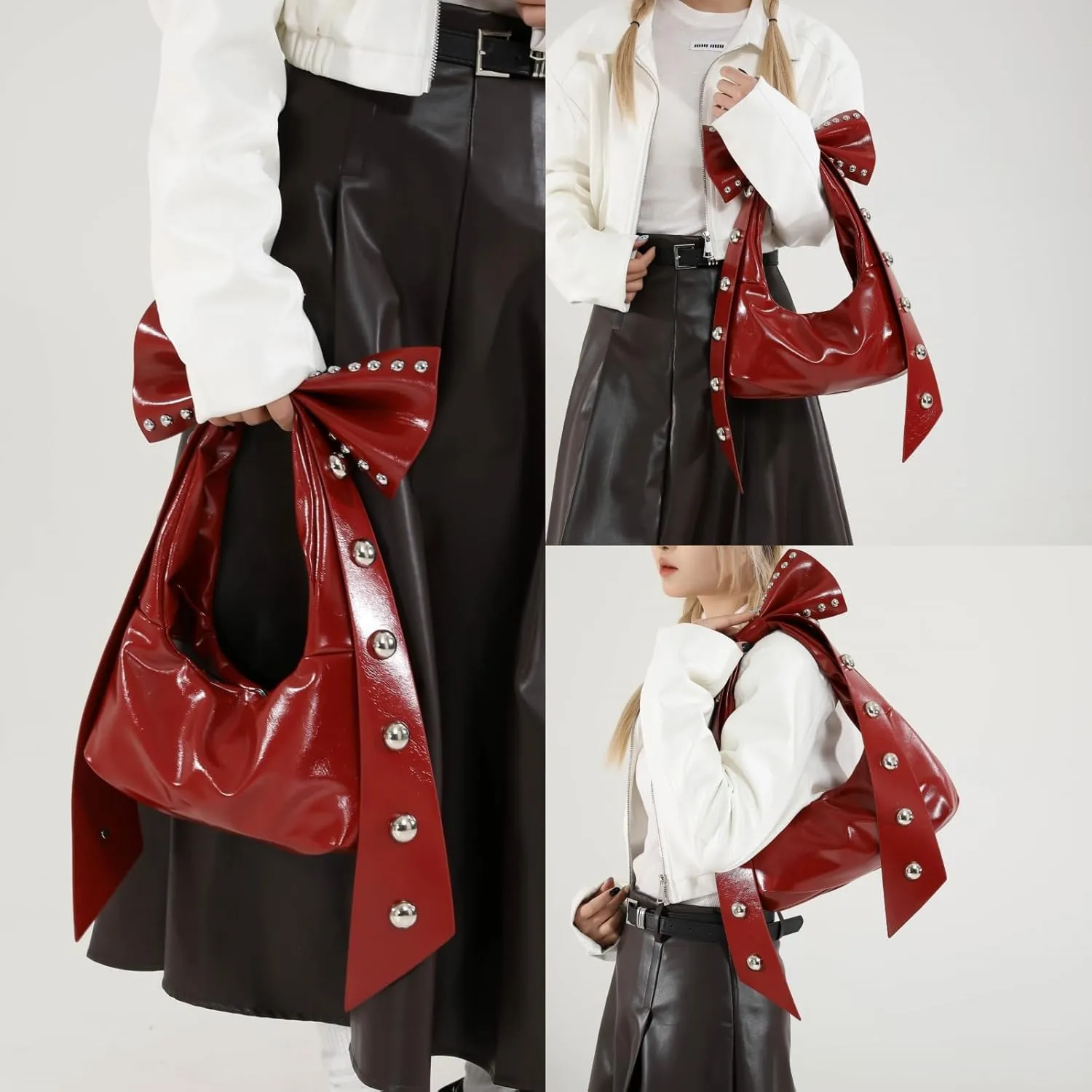 Rivets Bow Y2K Hobos Handbag and Purses for Women Trendy Shoulder Bag with Removable Bow