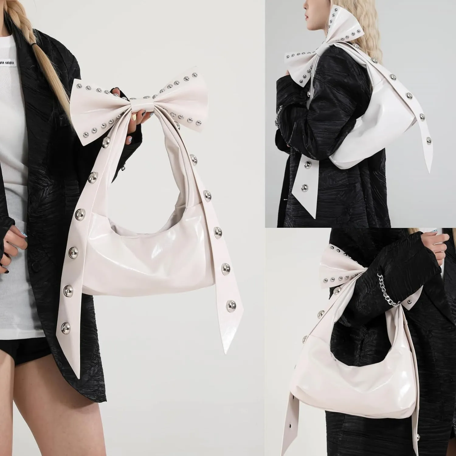 Rivets Bow Y2K Hobos Handbag and Purses for Women Trendy Shoulder Bag with Removable Bow