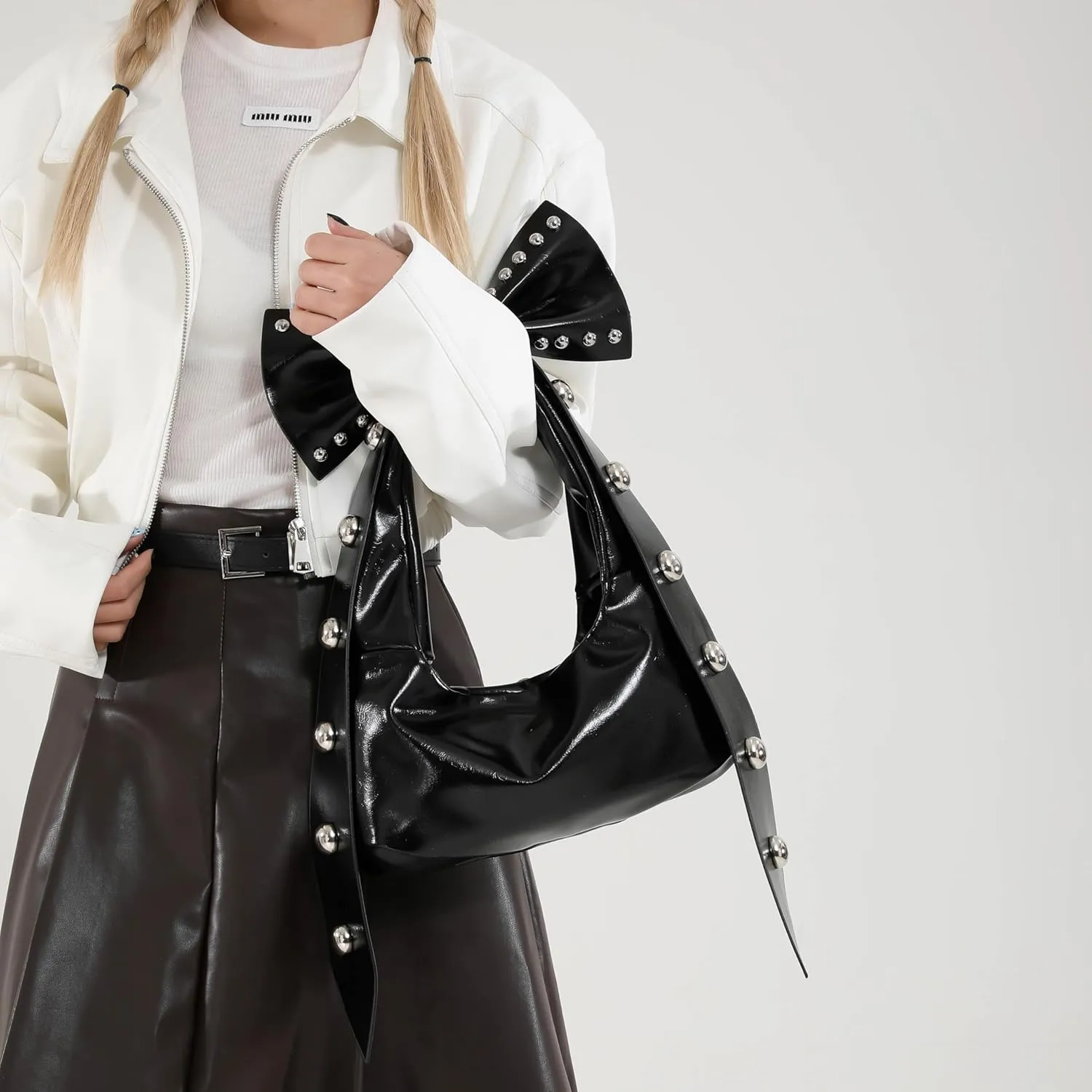 Rivets Bow Y2K Hobos Handbag and Purses for Women Trendy Shoulder Bag with Removable Bow