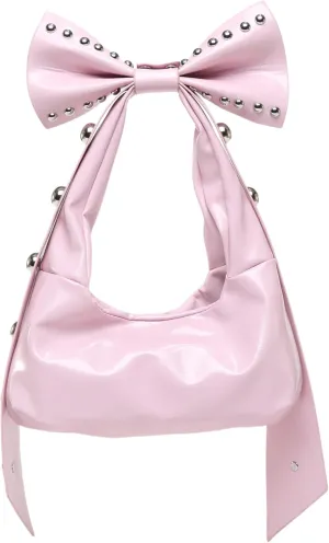 Rivets Bow Y2K Hobos Handbag and Purses for Women Trendy Shoulder Bag with Removable Bow