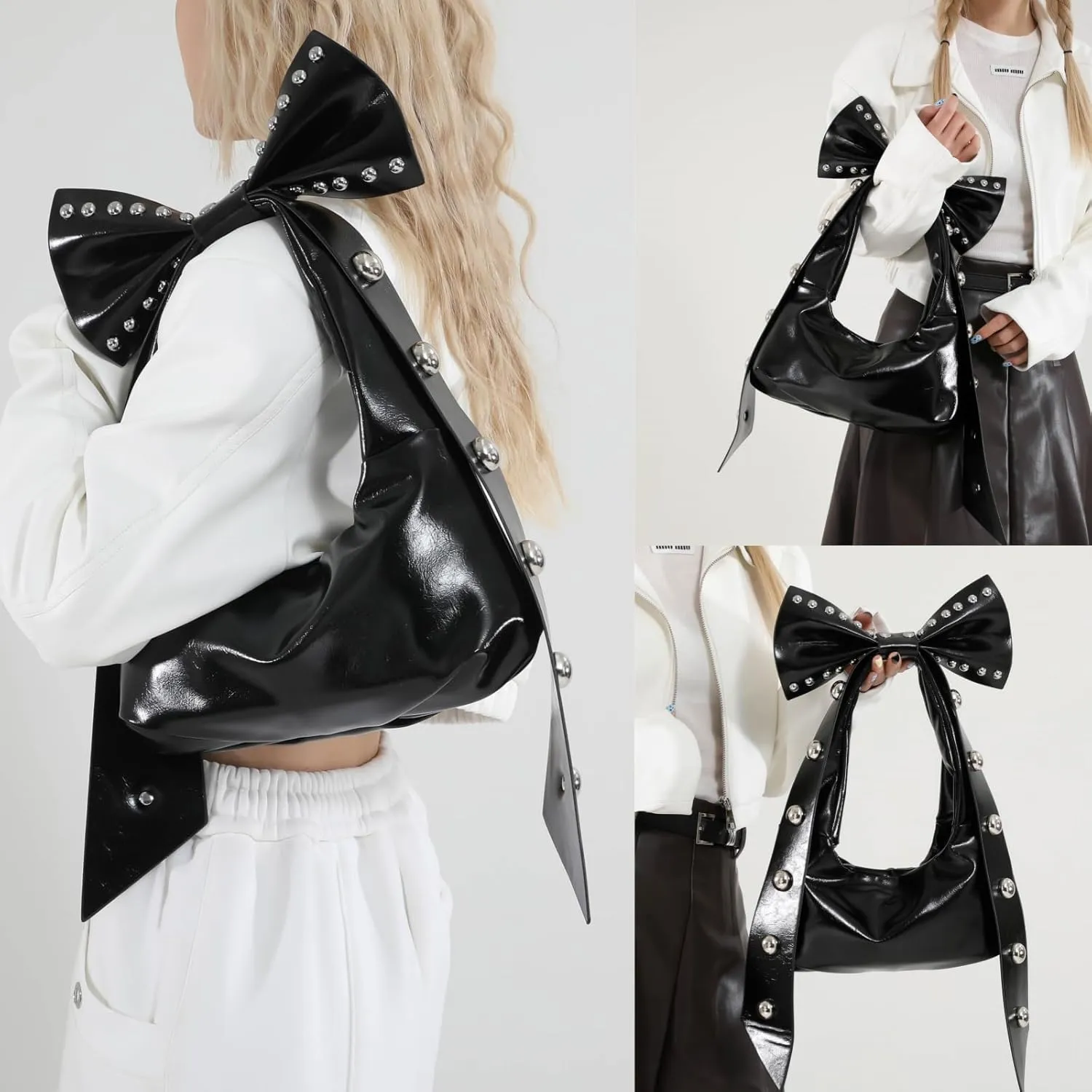Rivets Bow Y2K Hobos Handbag and Purses for Women Trendy Shoulder Bag with Removable Bow