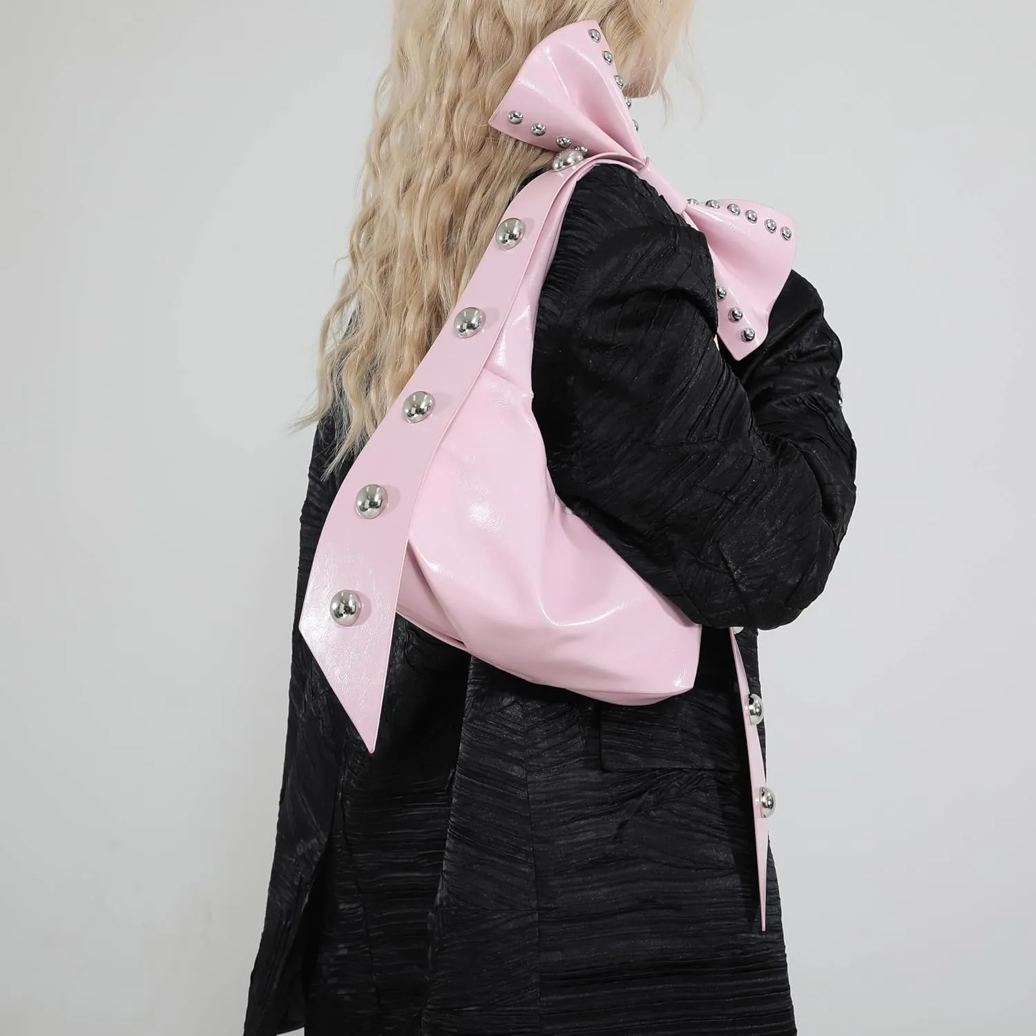 Rivets Bow Y2K Hobos Handbag and Purses for Women Trendy Shoulder Bag with Removable Bow