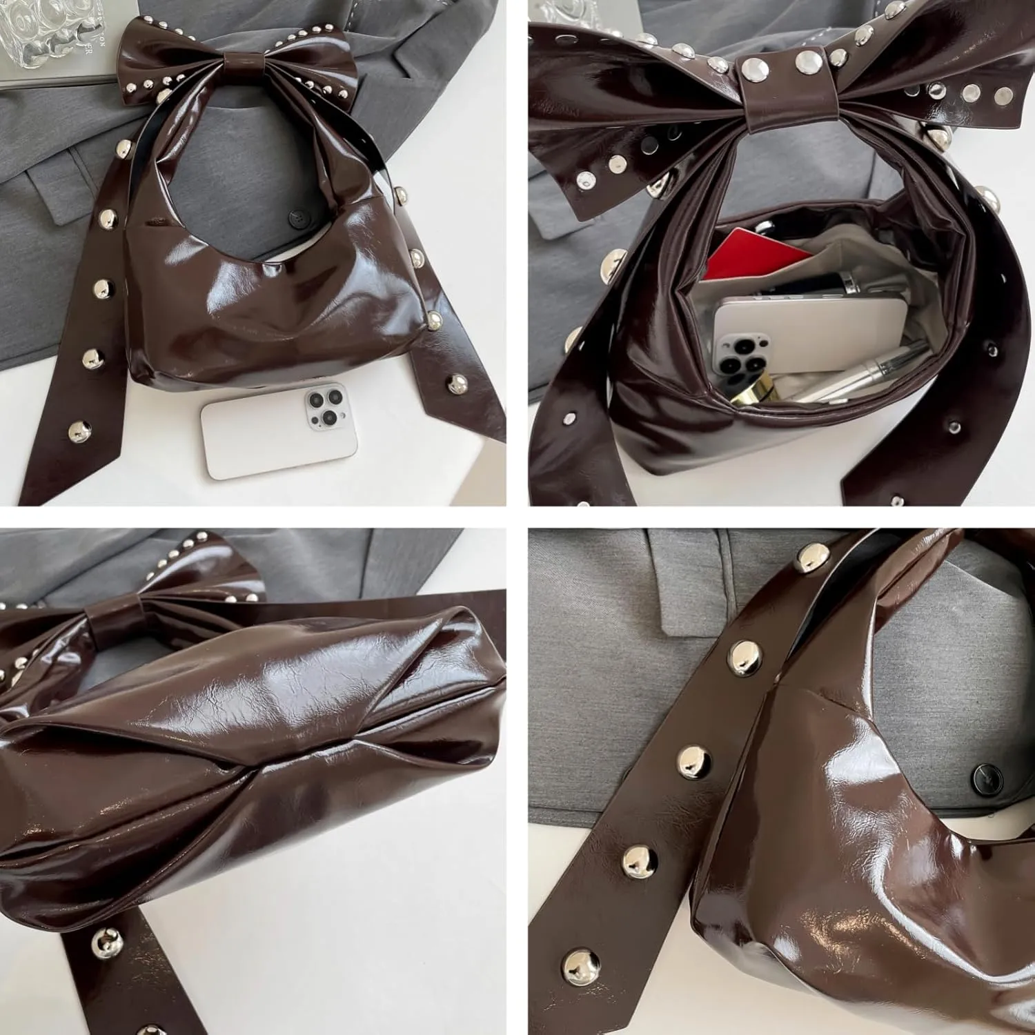 Rivets Bow Y2K Hobos Handbag and Purses for Women Trendy Shoulder Bag with Removable Bow
