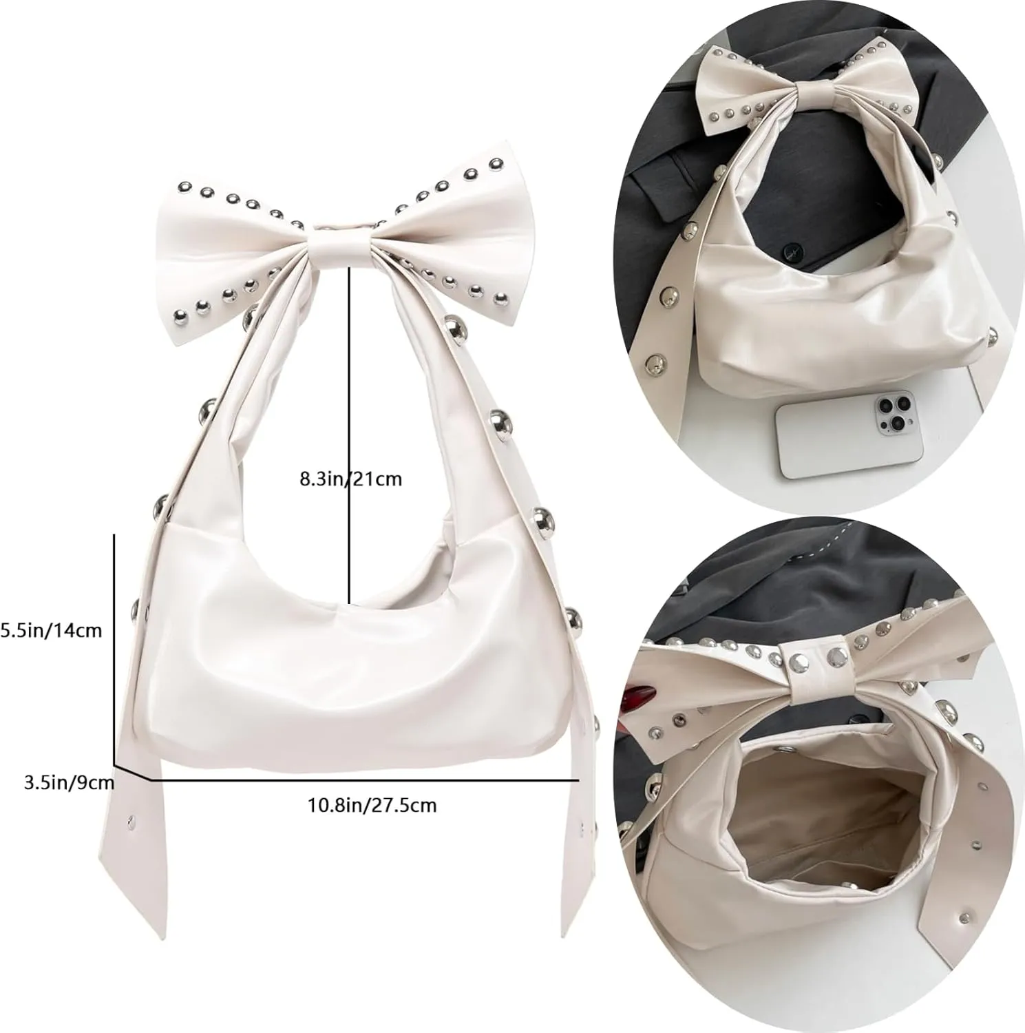 Rivets Bow Y2K Hobos Handbag and Purses for Women Trendy Shoulder Bag with Removable Bow