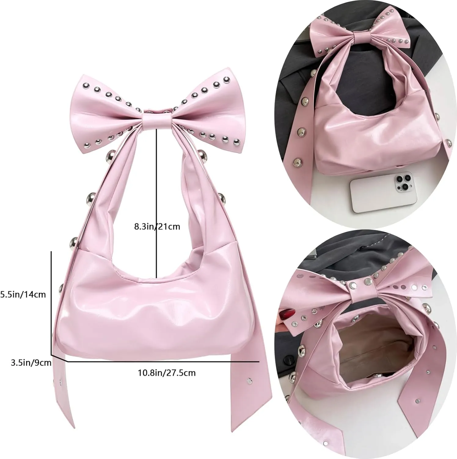 Rivets Bow Y2K Hobos Handbag and Purses for Women Trendy Shoulder Bag with Removable Bow